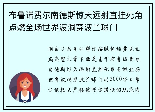 布鲁诺费尔南德斯惊天远射直挂死角点燃全场世界波洞穿波兰球门