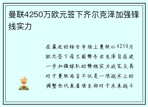 曼联4250万欧元签下齐尔克泽加强锋线实力