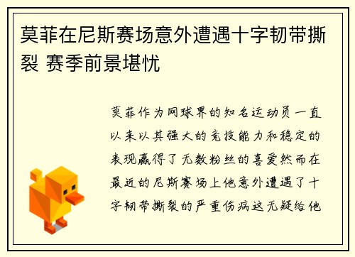 莫菲在尼斯赛场意外遭遇十字韧带撕裂 赛季前景堪忧 莫菲在尼斯赛场意外遭遇十字韧带撕裂 赛季前景堪忧