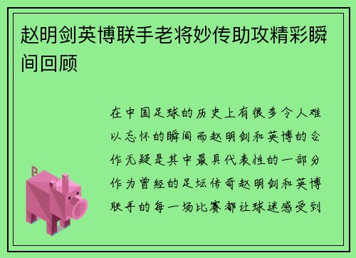赵明剑英博联手老将妙传助攻精彩瞬间回顾
